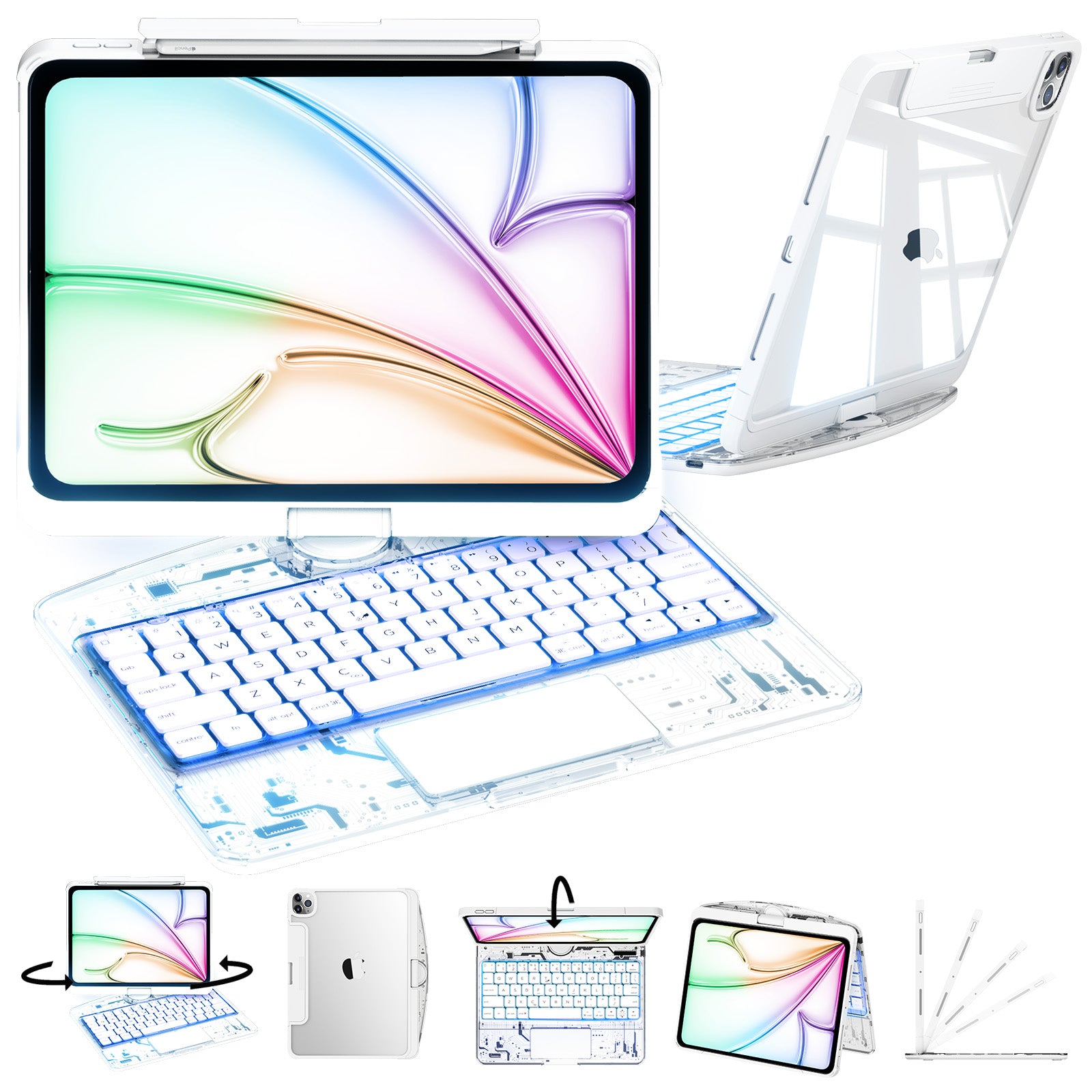 NaiDun Transparent white iPad keyboard case 360° transparent iPad keyboard